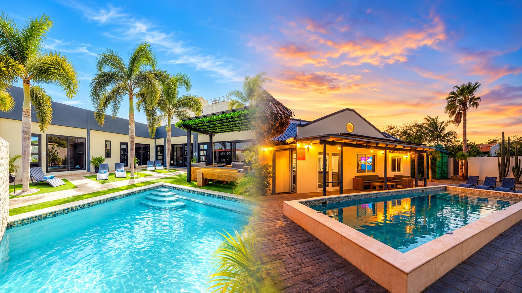 Side-by-side concept render of the Palm Beach suites and Salina villa with a soft morph-blurred center